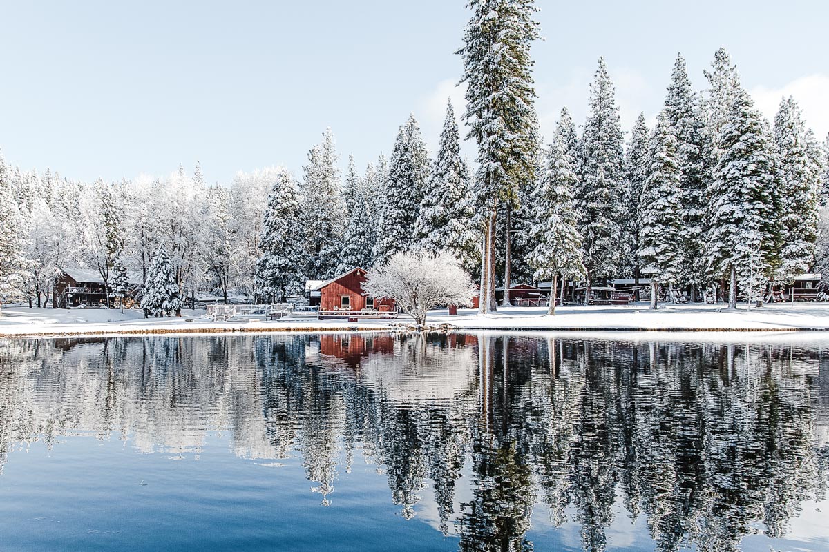 A view of the snow-covered Greenhorn Ranch, a guest dude ranch vacation destination in Northern California