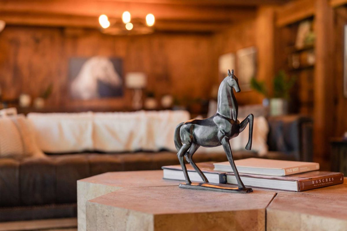 Detail shot of the Lodge with sculpture of a horse