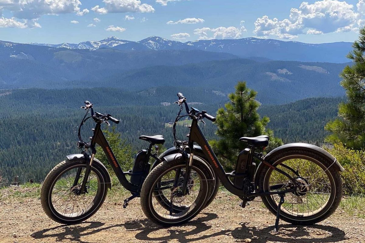Two electric mountain cruiser bikes parked on a
