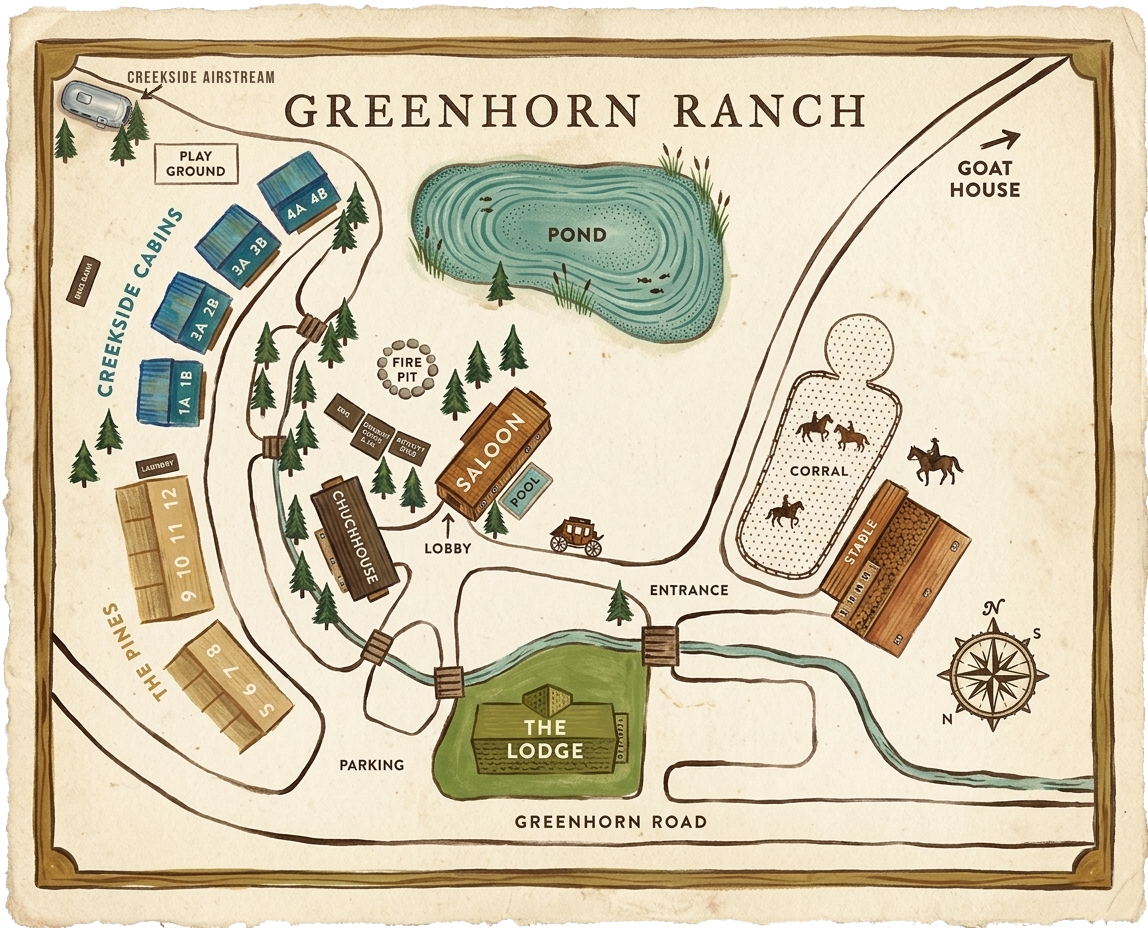 A map of Greenhorn Ranch in Northern California that shows lodging and other locations around the Ranch
