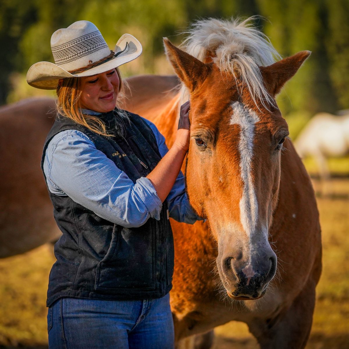 A horseback rider giving her horse a scratch behind the ear
