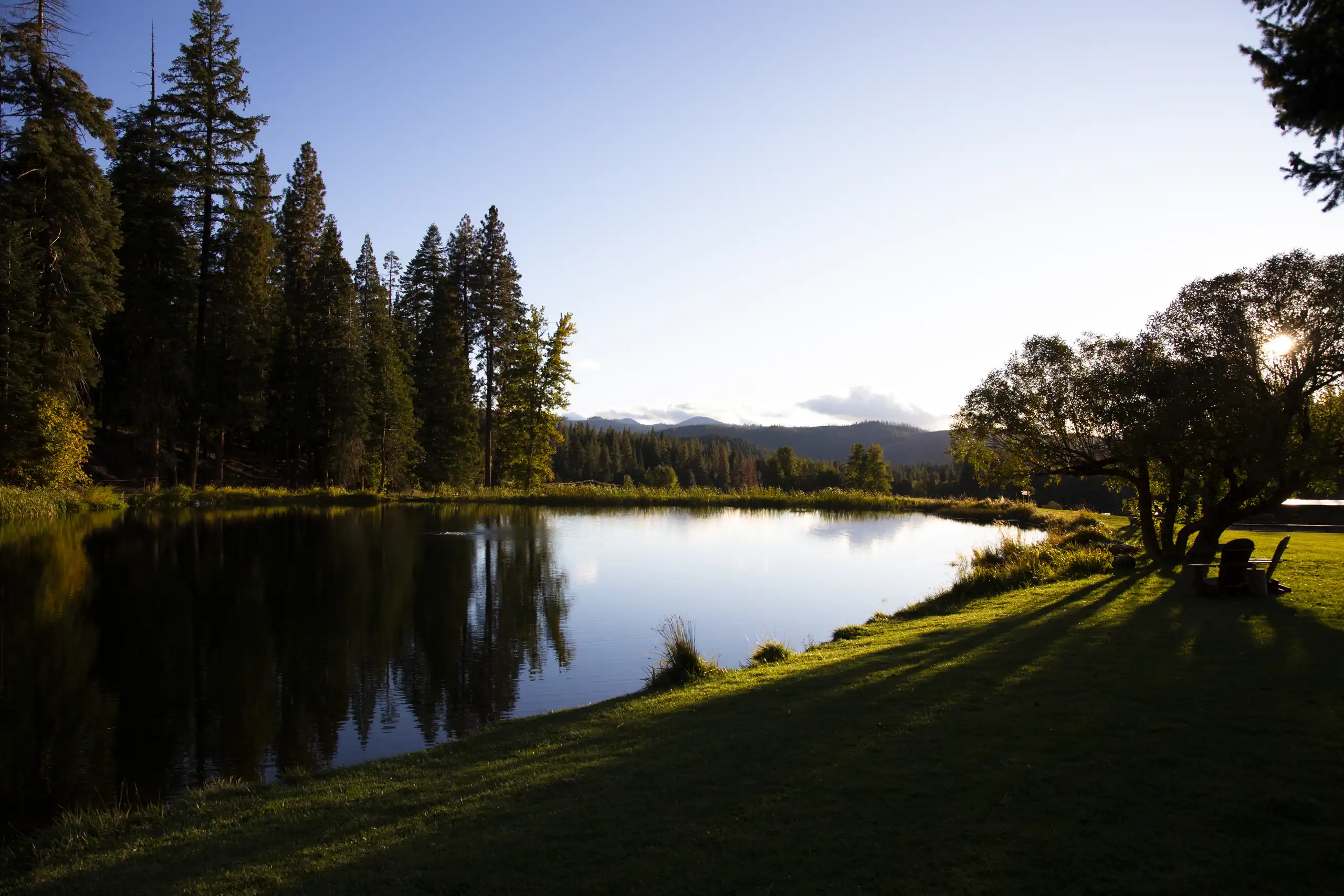 greenhorn-ranch-property-05 Evening view of the pond and surrounding forest at Greenhorn Ranch